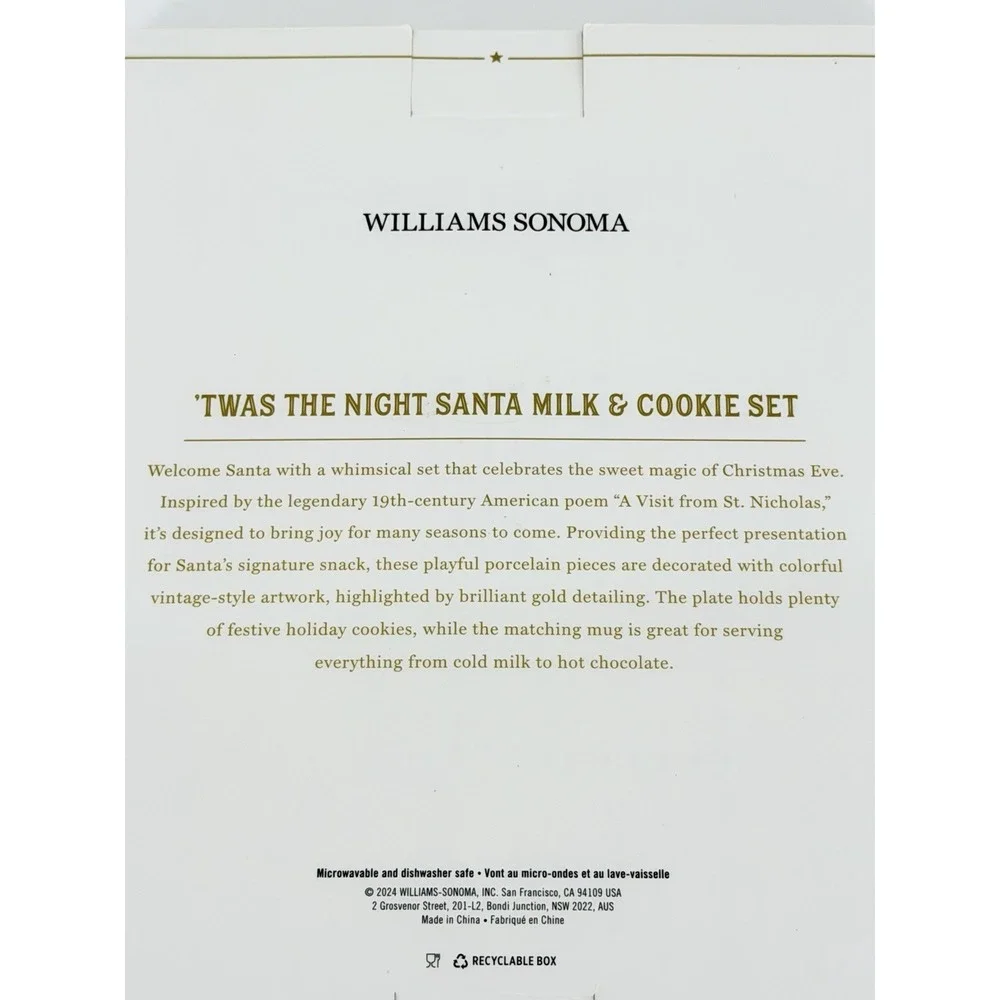 Williams Sonoma Twas the Night Santa Milk and Cookie Set Porcelain Christmas NEW